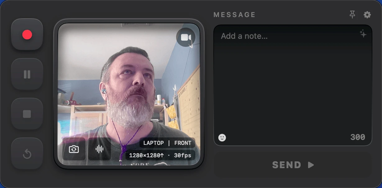The Microcast menu-bar recorder: a live camera preview, a note field and a SEND button.